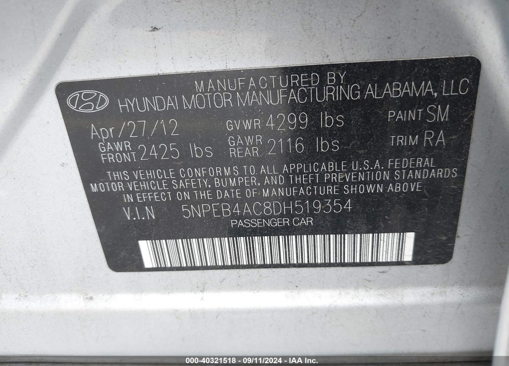 2013 HYUNDAI SONATA GLS VIN: 5NPEB4AC8DH519354
