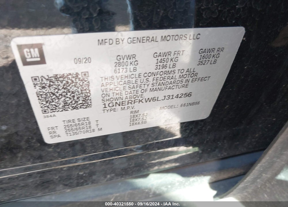 2020 CHEVROLET TRAVERSE VIN: 1GNERFKW6LJ314256