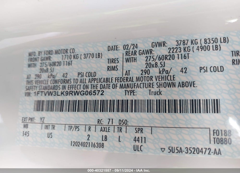 2024 FORD F-150 LIGHTNING VIN: 1FTVW3LK9RWG06572