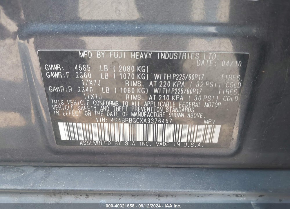 2010 SUBARU OUTBACK 2.5I PREMIUM VIN: 4S4BRBGCXA3376467