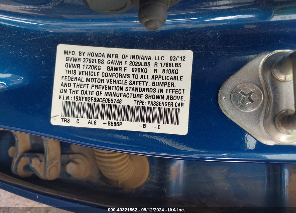 2012 HONDA CIVIC EX VIN: 19XFB2F89CE055748