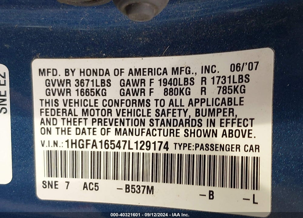 2007 HONDA CIVIC LX VIN: 1HGFA16547L129174