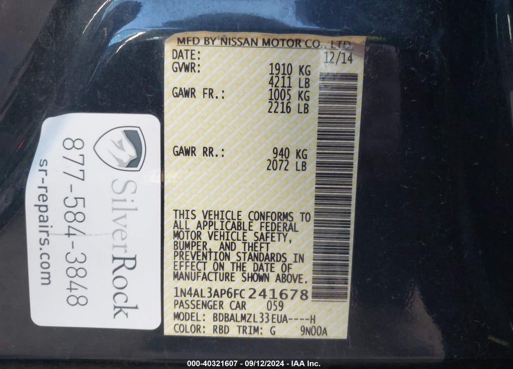 2015 NISSAN ALTIMA 2.5 SV VIN: 1N4AL3AP6FC241678