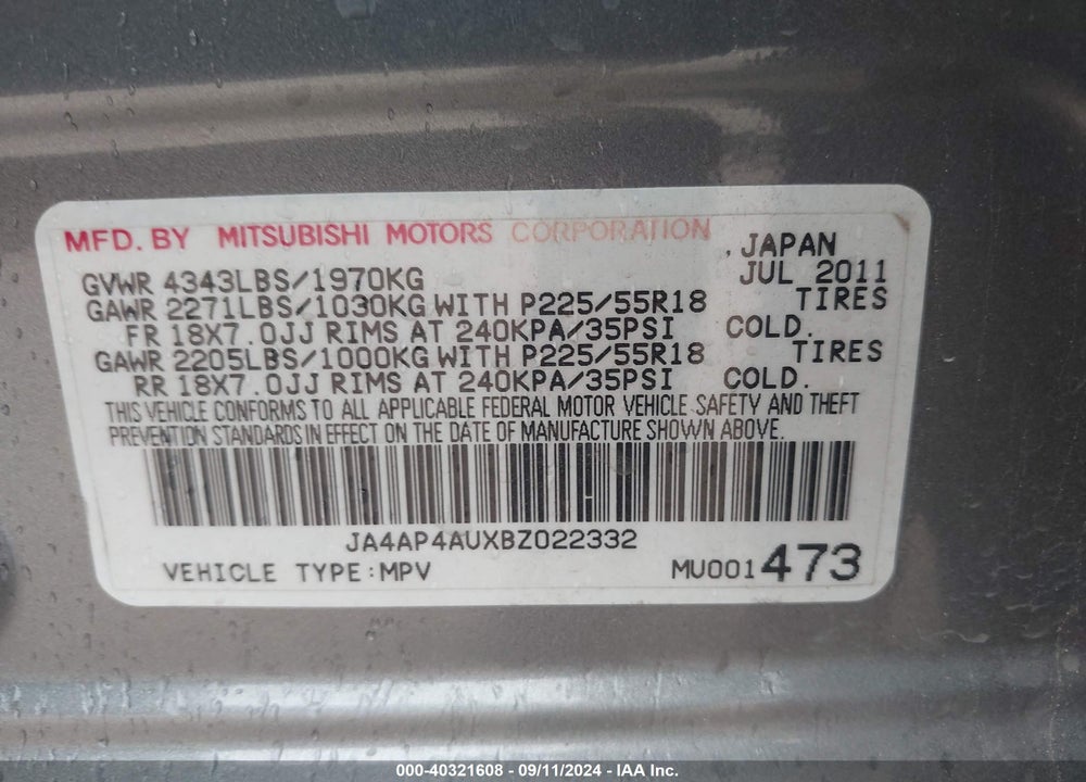 2011 MITSUBISHI OUTLANDER SPORT SE VIN: JA4AP4AUXBZ022332