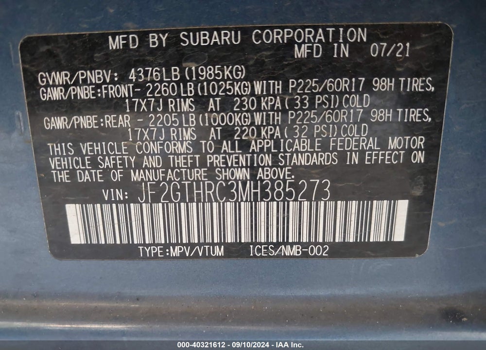 2021 SUBARU CROSSTREK SPORT VIN: JF2GTHRC3MH385273