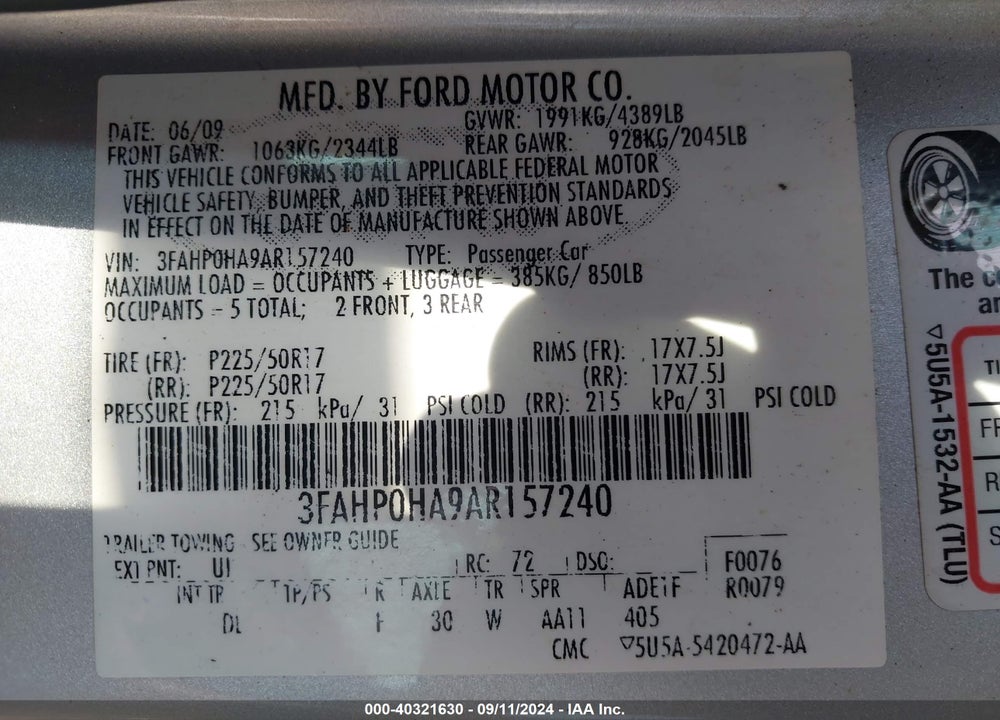 2010 FORD FUSION SE VIN: 3FAHP0HA9AR157240
