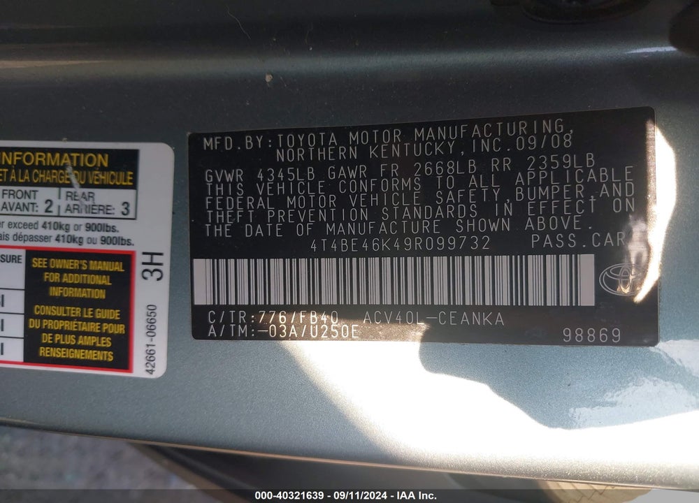 2009 TOYOTA CAMRY LE VIN: 4T4BE46K49R099732