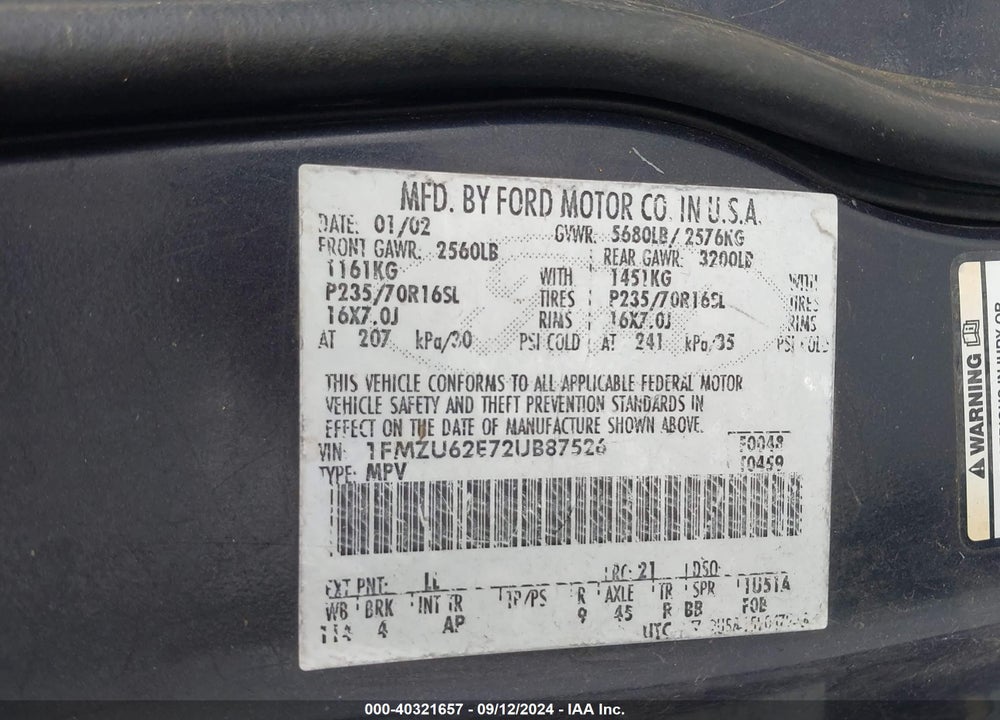 2002 FORD EXPLORER XLS VIN: 1FMZU62E72UB87526