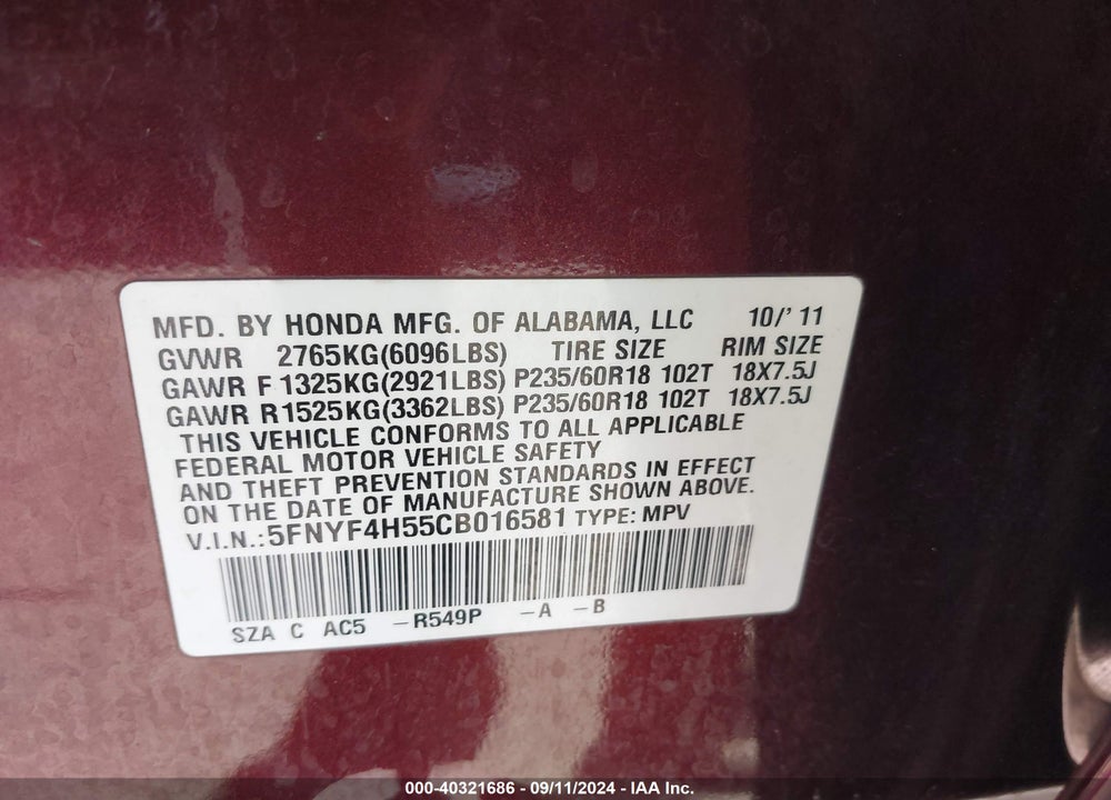 2012 HONDA PILOT EX-L VIN: 5FNYF4H55CB016581