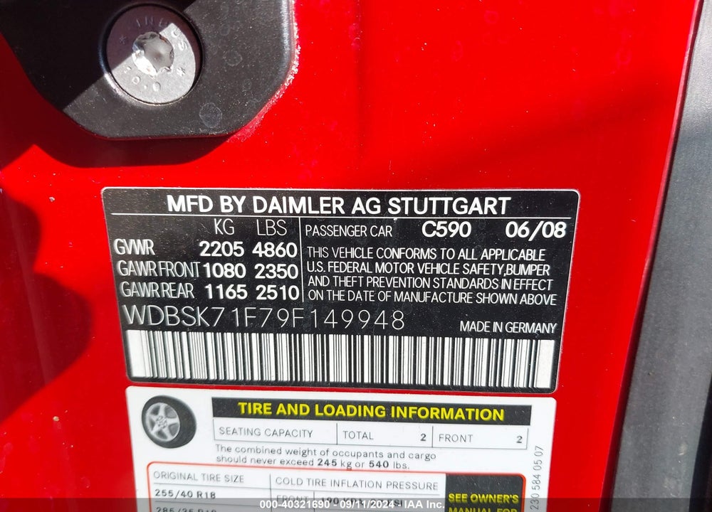2009 MERCEDES-BENZ SL 550 VIN: WDBSK71F79F149948