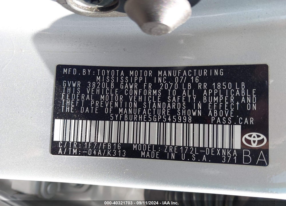 2016 TOYOTA COROLLA LE PLUS VIN: 5YFBURHE5GP545998