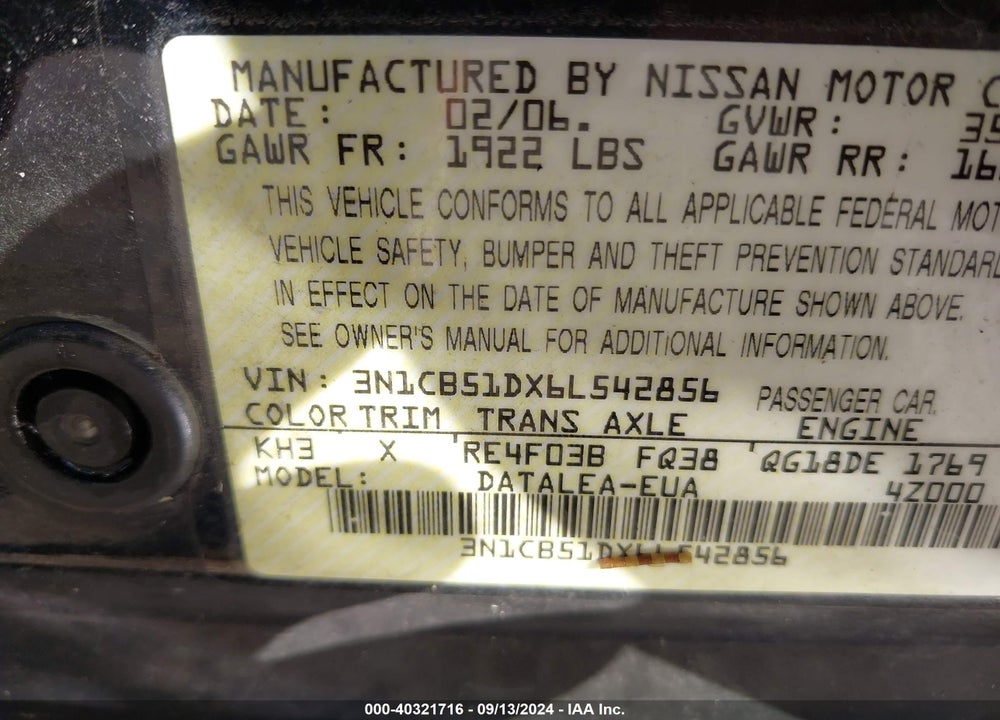2006 NISSAN SENTRA 1.8S VIN: 3N1CB51DX6L542856