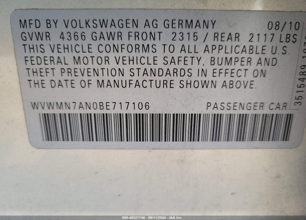 2011 VOLKSWAGEN CC SPORT VIN: WVWMN7AN0BE717106