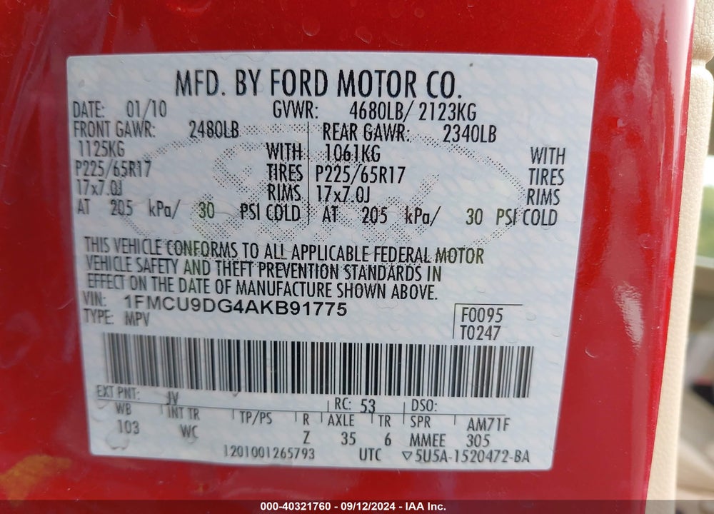 2010 FORD ESCAPE XLT VIN: 1FMCU9DG4AKB91775