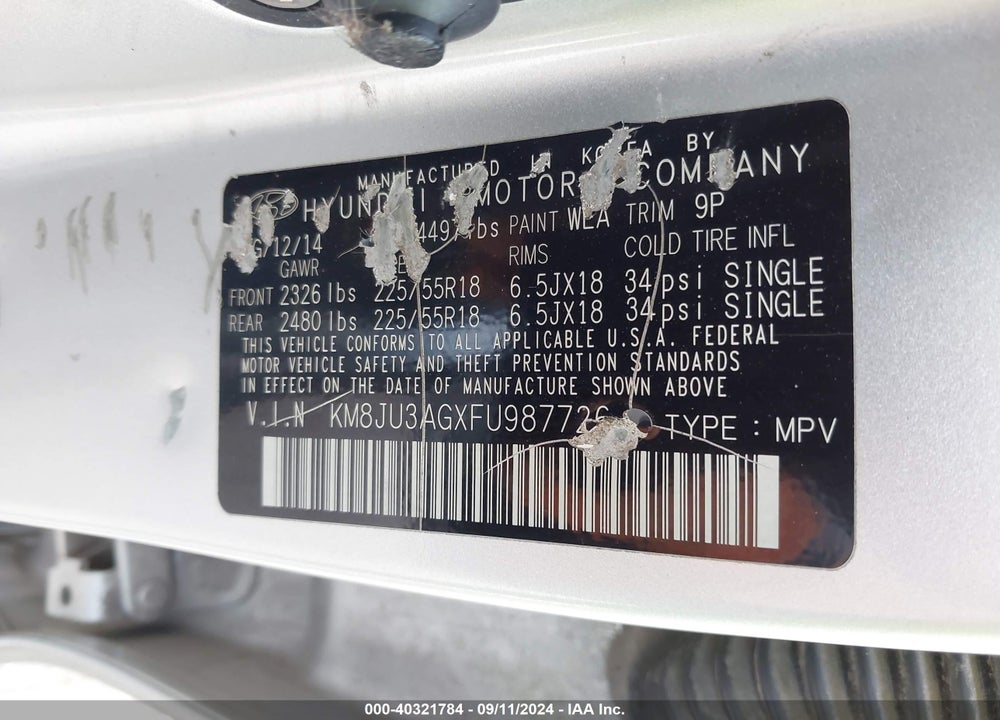 2015 HYUNDAI TUCSON LIMITED VIN: KM8JU3AGXFU987726