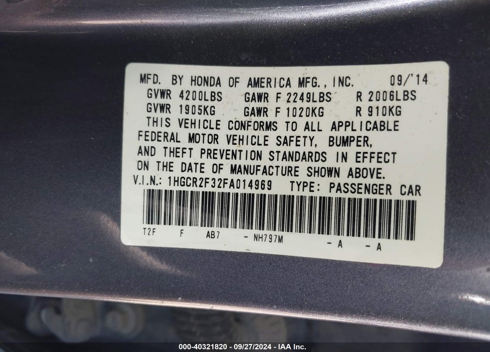 2015 HONDA ACCORD LX VIN: 1HGCR2F32FA014969