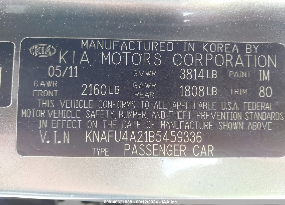 2011 KIA FORTE EX VIN: KNAFU4A21B5459336