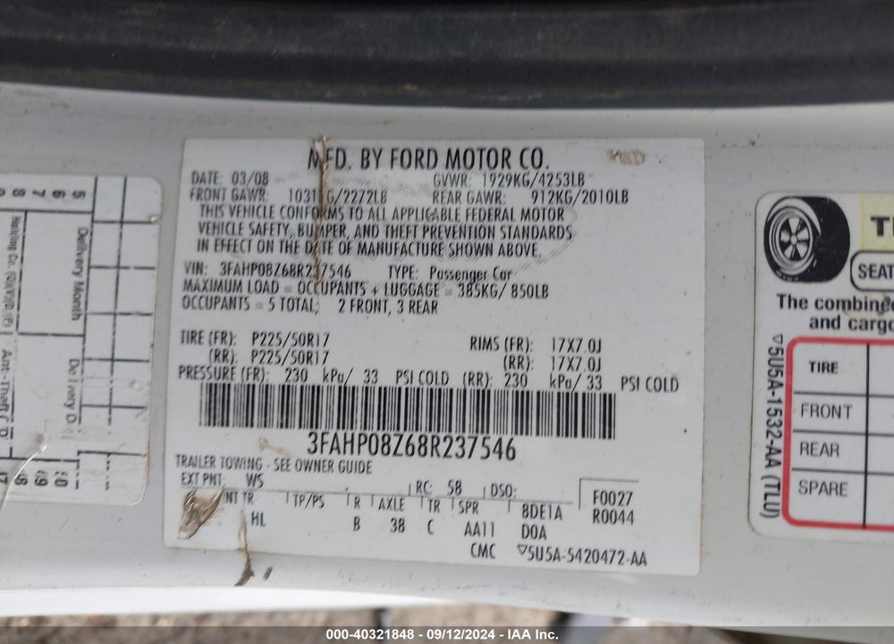 2008 FORD FUSION SEL VIN: 3FAHP08Z68R237546
