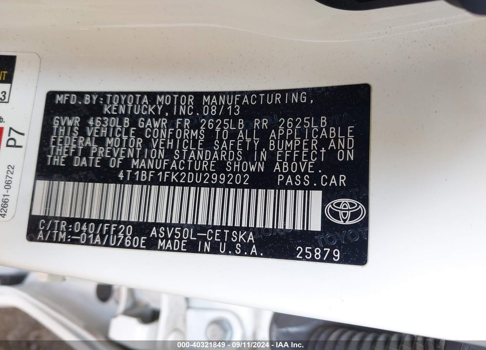 2013 TOYOTA CAMRY SE VIN: 4T1BF1FK2DU299202