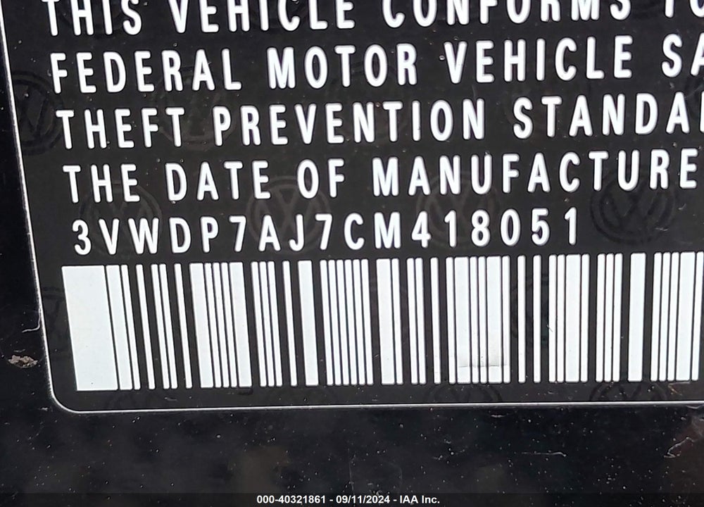 2012 VOLKSWAGEN JETTA 2.5L SE VIN: 3VWDP7AJ7CM418051