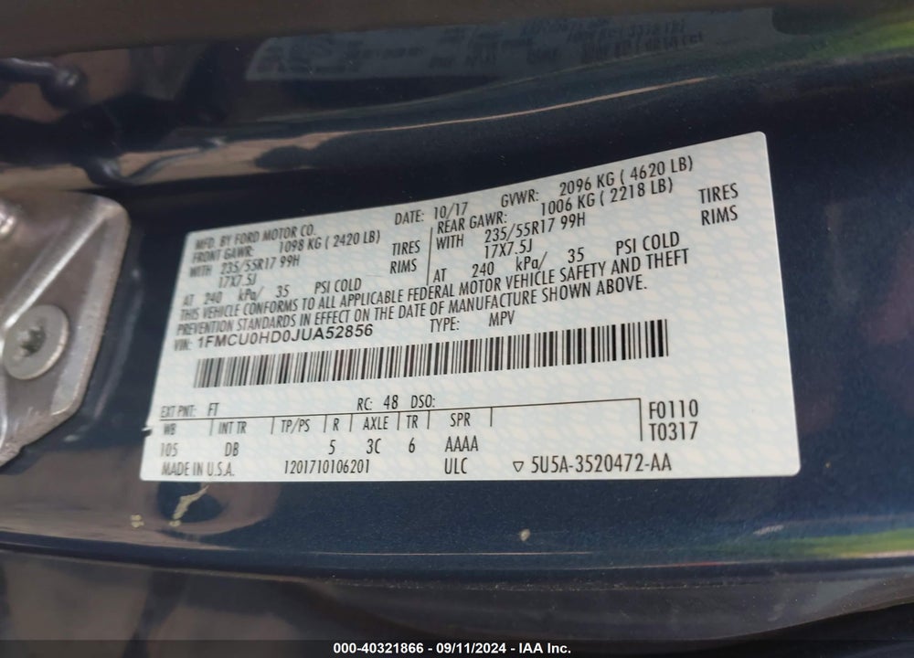 2018 FORD ESCAPE SEL VIN: 1FMCU0HD0JUA52856