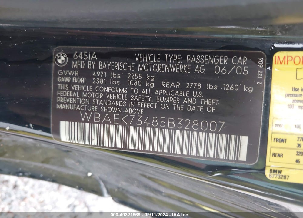 2005 BMW 645CI VIN: WBAEK73485B328007