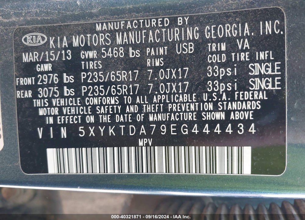2014 KIA SORENTO LX V6 VIN: 5XYKTDA79EG444434
