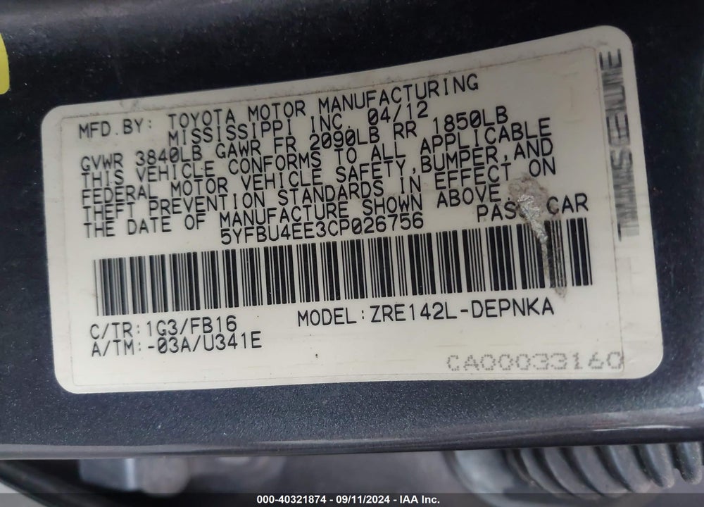 2012 TOYOTA COROLLA LE VIN: 5YFBU4EE3CP026756