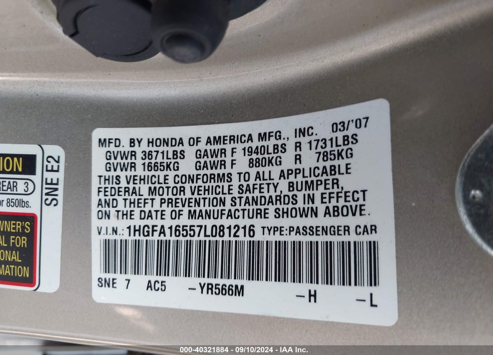2007 HONDA CIVIC LX VIN: 1HGFA16557L081216