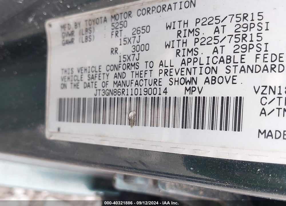 2001 TOYOTA 4RUNNER SR5 V6 VIN: JT3GN86R110190014