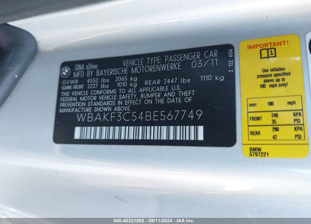 2011 BMW 328I XDRIVE VIN: WBAKF3C54BE567749