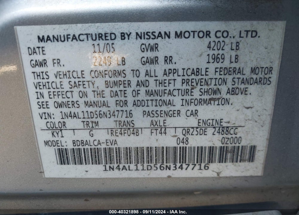 2006 NISSAN ALTIMA 2.5 S VIN: 1N4AL11D56N347716