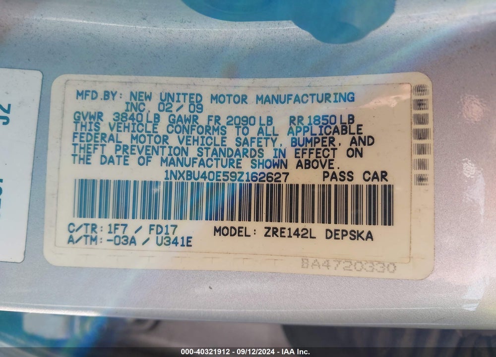2009 TOYOTA COROLLA S VIN: 1NXBU40E59Z162627