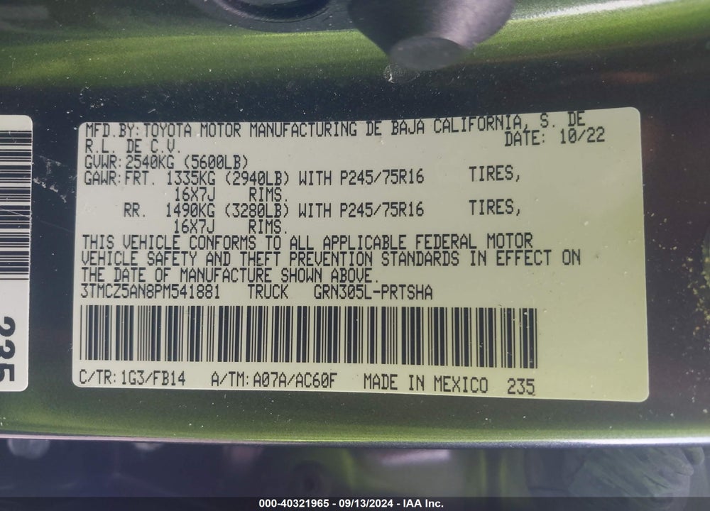 2023 TOYOTA TACOMA SR V6 VIN: 3TMCZ5AN8PM541881