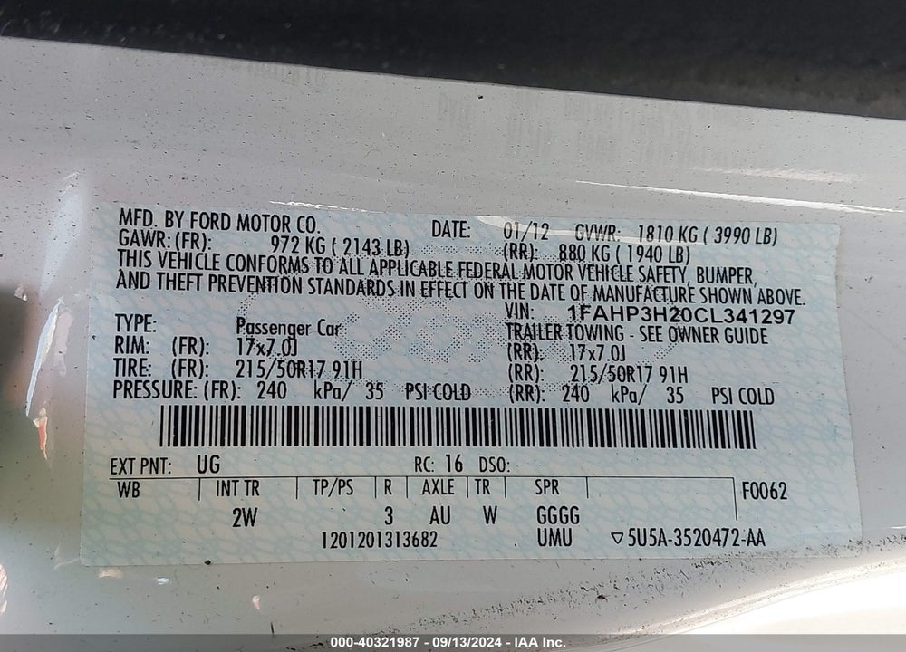 2012 FORD FOCUS SEL VIN: 1FAHP3H20CL341297