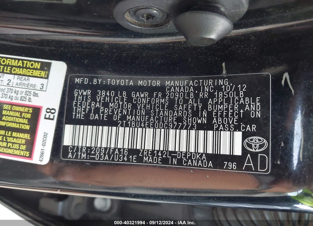 2013 TOYOTA COROLLA L VIN: 2T1BU4EE0DC977773