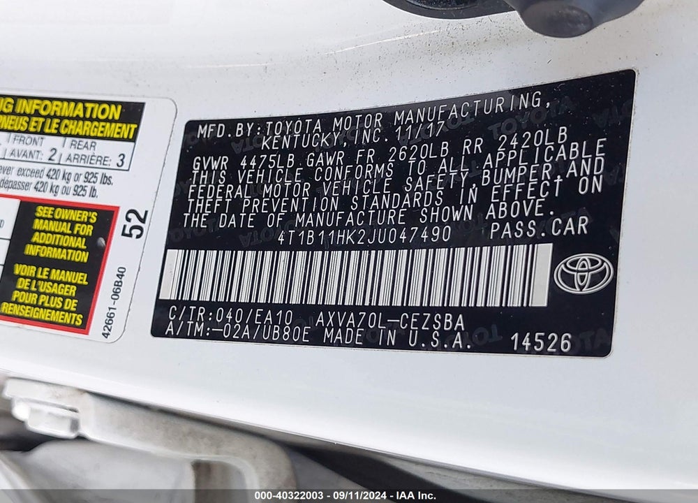 2018 TOYOTA CAMRY SE VIN: 4T1B11HK2JU047490