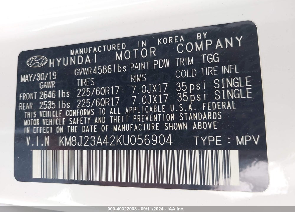2019 HYUNDAI TUCSON SE VIN: KM8J23A42KU056904