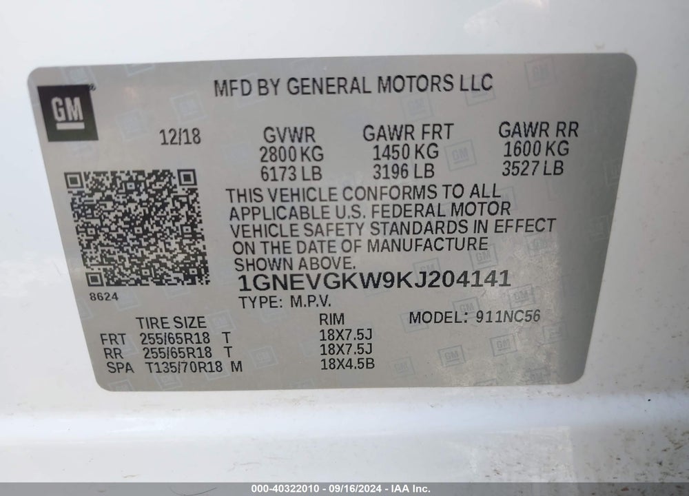 2019 CHEVROLET TRAVERSE 1LT VIN: 1GNEVGKW9KJ204141