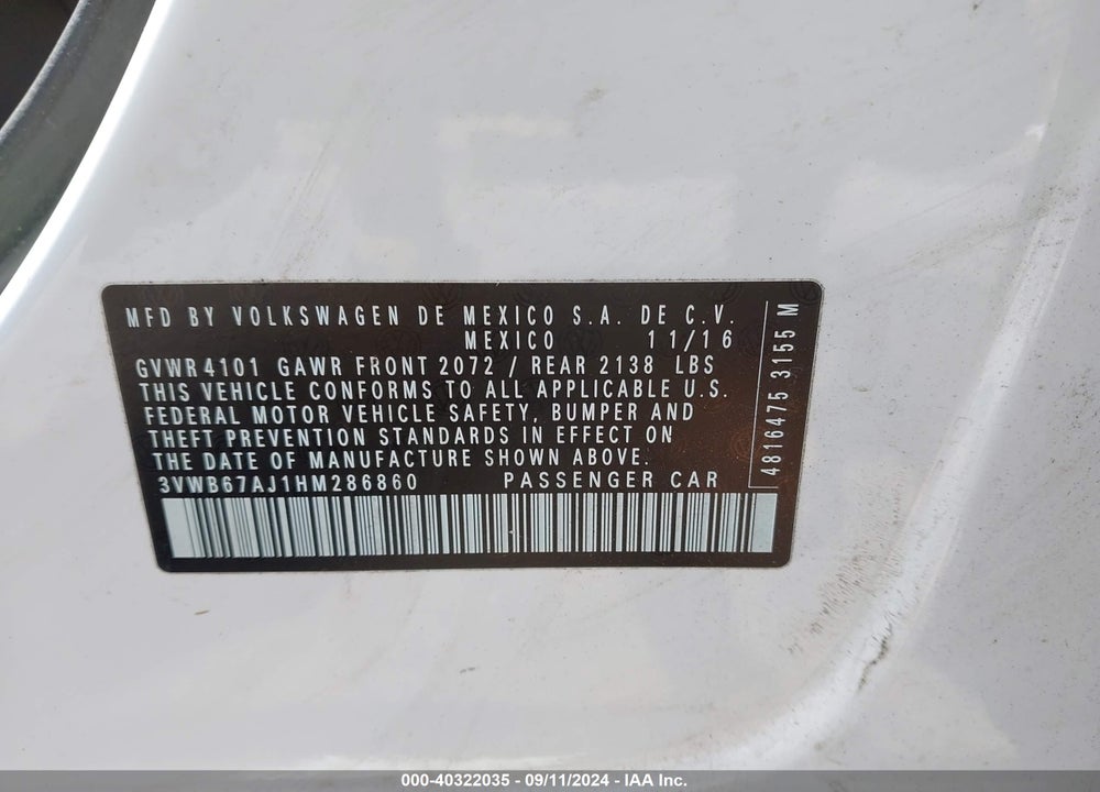 2017 VOLKSWAGEN JETTA 1.4T SE VIN: 3VWB67AJ1HM286860