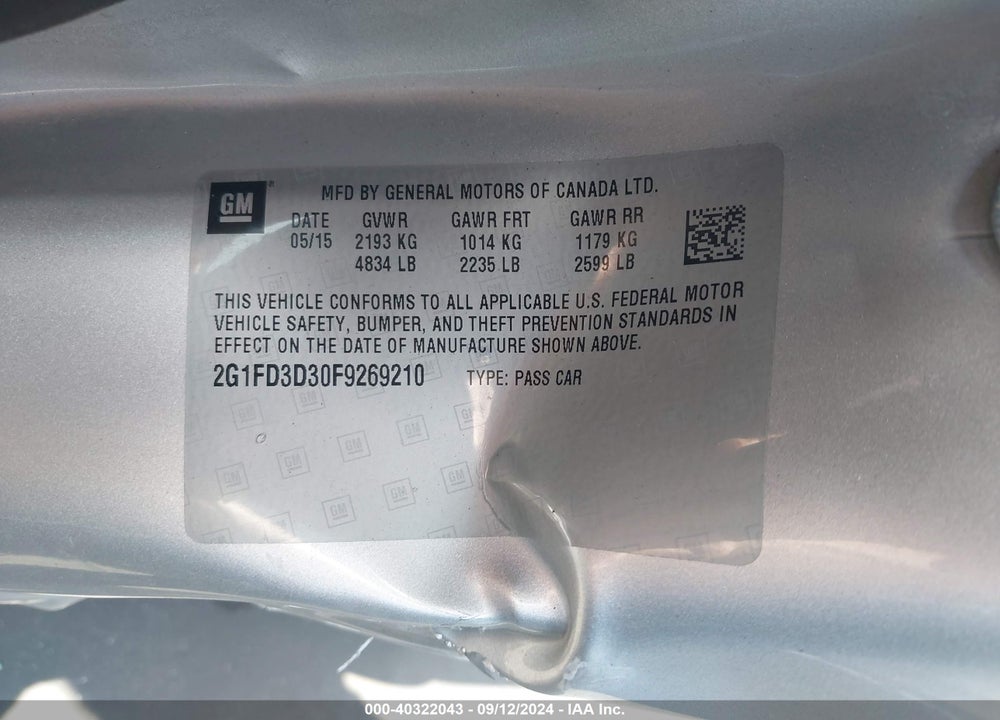 2015 CHEVROLET CAMARO 1LT VIN: 2G1FD3D30F9269210