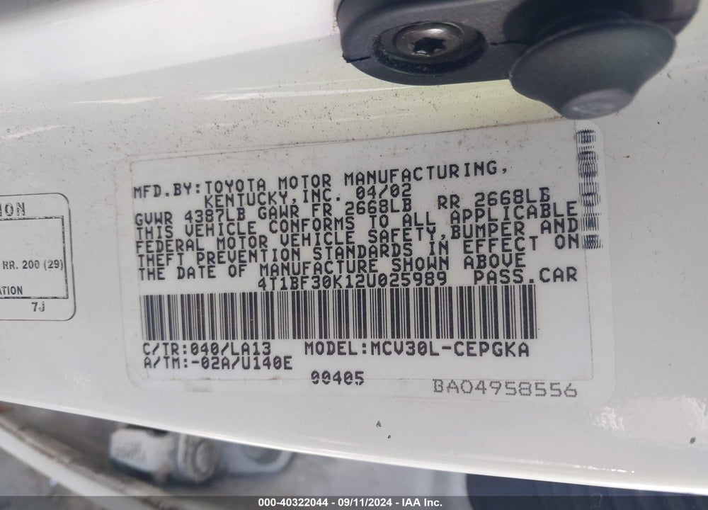 2002 TOYOTA CAMRY XLE V6 VIN: 4T1BF30K12U025989