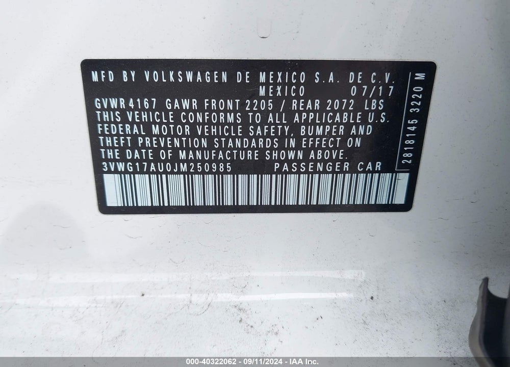 2018 VOLKSWAGEN GOLF VIN: 3VWG17AU0JM250985