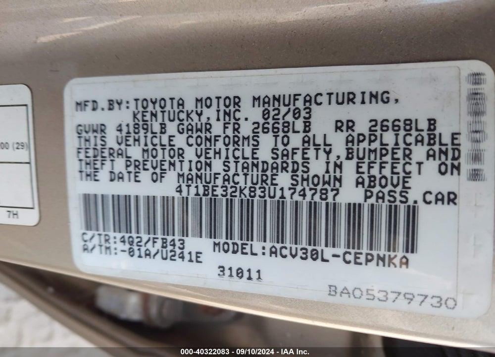 2003 TOYOTA CAMRY LE VIN: 4T1BE32K83U174787