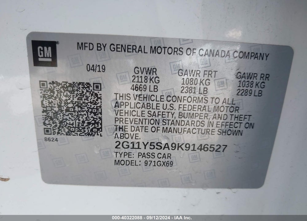 2019 CHEVROLET IMPALA LS VIN: 2G11Y5SA9K9146527