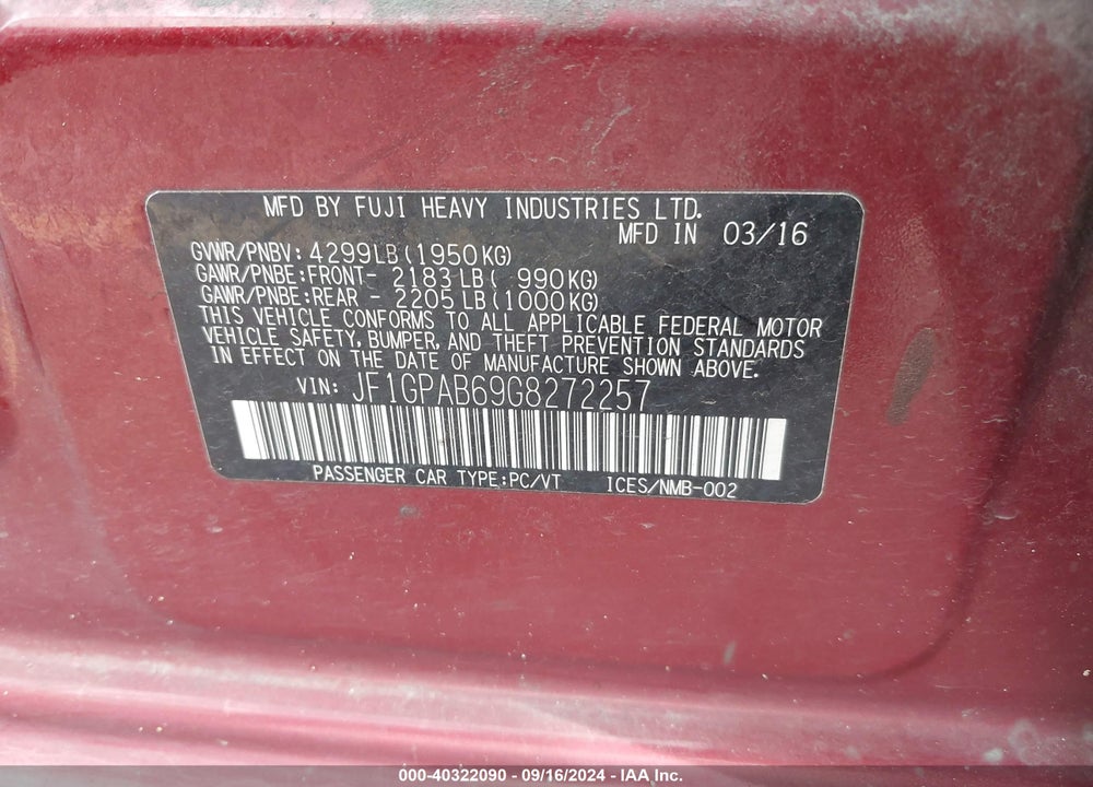 2016 SUBARU IMPREZA 2.0I PREMIUM VIN: JF1GPAB69G8272257