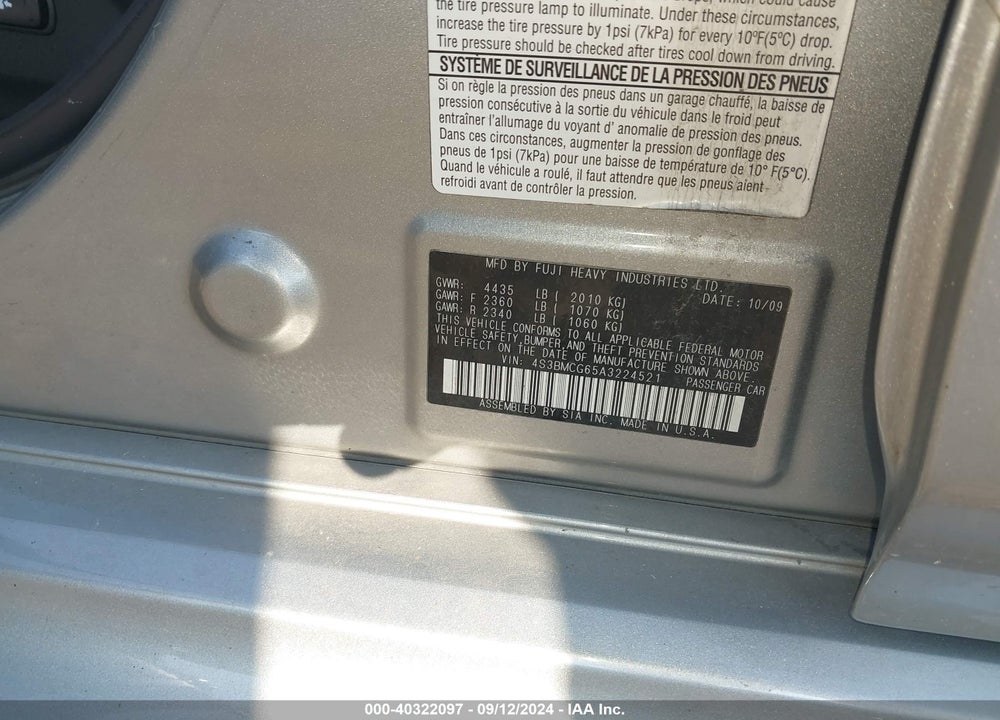 2010 SUBARU LEGACY 2.5I PREMIUM VIN: 4S3BMCG65A3224521