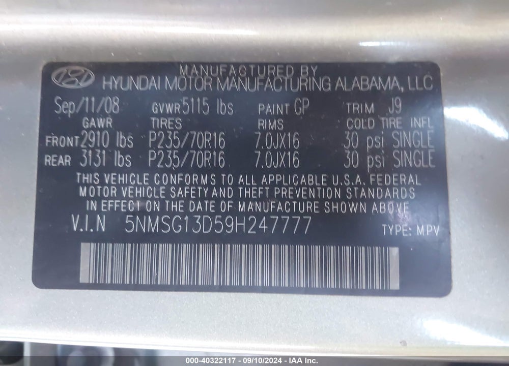 2009 HYUNDAI SANTA FE VIN: 5NMSG13D59H247777