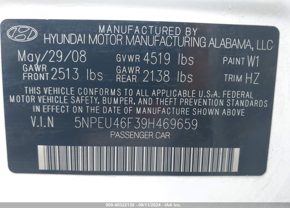 2009 HYUNDAI SONATA SE V6 VIN: 5NPEU46F39H469659