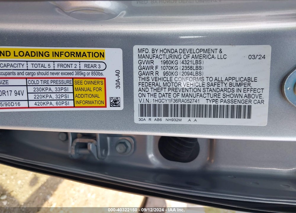 2024 HONDA ACCORD EX VIN: 1HGCY1F36RA052741
